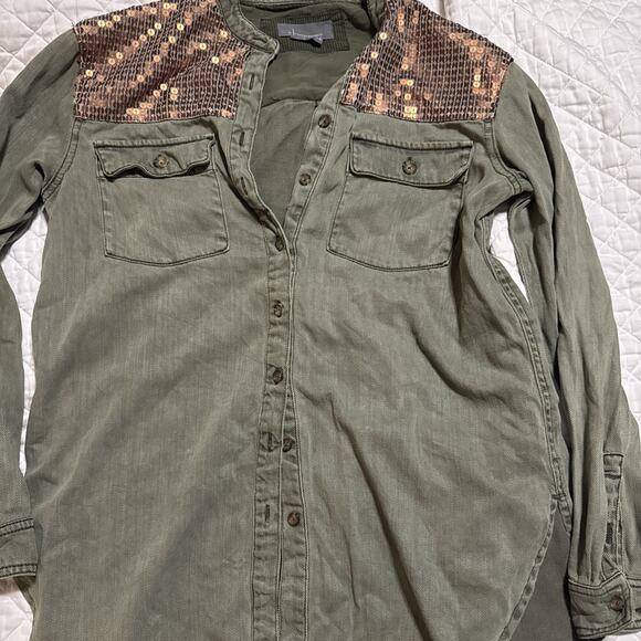 Anthropologie Henley Top Women's 4 Green Sequin Button Up Long Sleeve Western - Picture 1 of 8